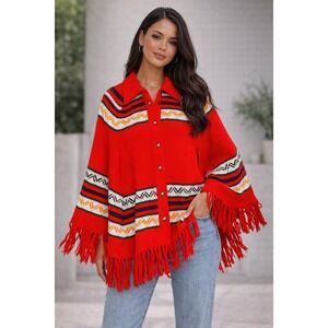 Vintage Red Knit Poncho Sweater Fringe Geometric‎ Pattern